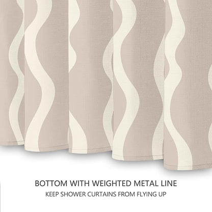Tititex Cute Curvy Wavy Lines 140gsm Faux Linen Fabric Shower Curtain, Elegant Beige Cream Wave Striped Shower Curtain Sets Decoration 72x72 Inch with Hooks