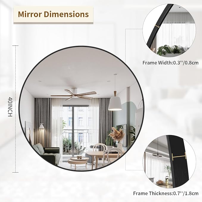 BEAUTYPEAK 40 Inch Round Mirror, Metal Frame Circle Mirror, Black | Wall Mounted for Entryway, Bathroom, Vanity, Living Room