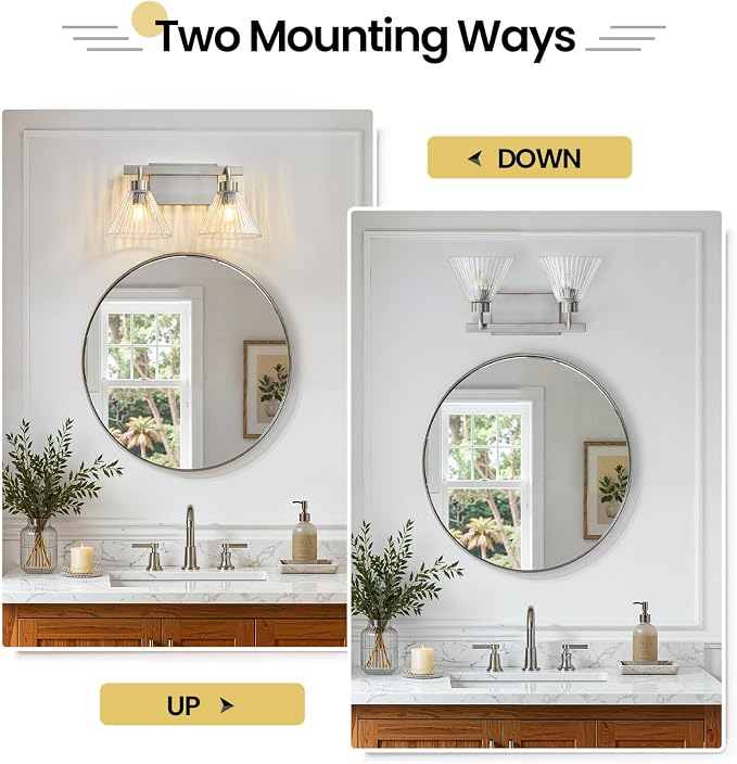 AIJIASI Modern Bathroom Light Fixtures 2-Light Brushed Nickel Vanity Lights for Bathroom with Ribbed Glass Shade 16 Inch Bathroom Lighting Fixtures Over Mirror Wall Sconce for Bedroom Living Room