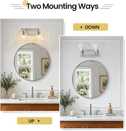 AIJIASI Modern Bathroom Light Fixtures 2-Light Brushed Nickel Vanity Lights for Bathroom with Ribbed Glass Shade 16 Inch Bathroom Lighting Fixtures Over Mirror Wall Sconce for Bedroom Living Room