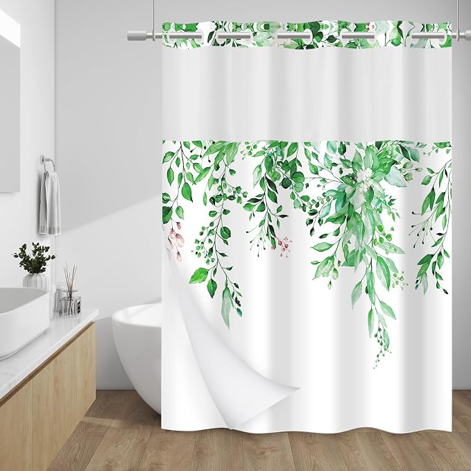 No Hook Shower Curtain with Liner, Eucalyptus Dark Green, 71x74 | Snap in Liner, 3 in 1, Water Repellent, Easy Install, Machine Washable, Hotel Style for Bathroom, Watercolor Pattern