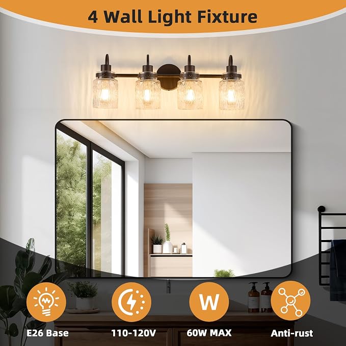 4 Lights Bathroom Vanity Light, Oil Rubbed Bronze Bathroom Light Fixtures with Hammered Glass Lampshade for Dressing Table,Over Mirror,Hallway