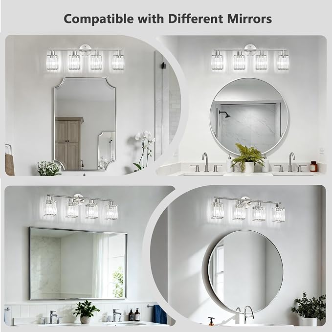 4 Light Bathroom Light Fixtures, Modern Crystal Vanity Lights over Mirror | Metal Frame, Bathroom Light with Square Crystal Shade, ETL Certified, E26 Ceramic Socket, Bulbs Not Included