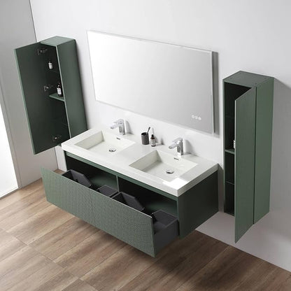 Blossom 60 Inch Double Sink Bathroom Vanity with Side Cabinets, All Wood Wall Mounted Floating Bathroom Vanity Cabinet with Acrylic Sinks, Soft-Close Drawers, Bathroom Vanities, Aventurine Green