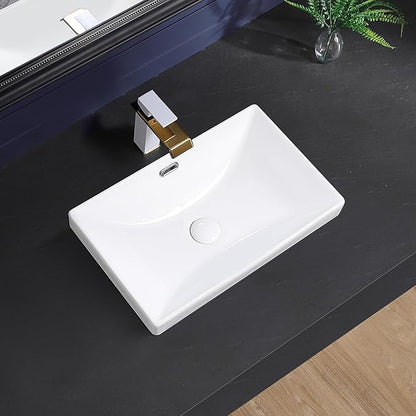 Semi Recessed Bathroom Sink 21"x13" Vessel Sink Drop-in White Porcelain Ceramic Modern Rectangular Sinks Basin Vanity Sinks with Overflow for Bathrooms