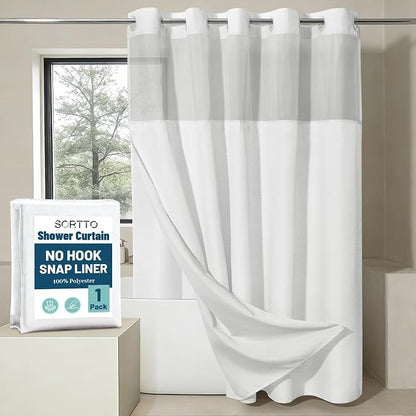 SORTTO No Hook Slub Shower Curtain with Liner, 71x86, White | Snap in Liner, 3 in 1, Bamboo Texture, Hotel Style, Waterproof Fabric, Mesh Top Window, Corner Magnets, Machine Washable