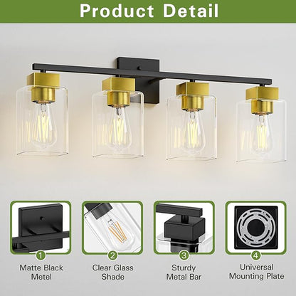 Espird 4 Light Bathroom Vanity Light - Black and Brushed Gold Bathroom Light Fixtures UL Certification, Square Light Fixture Over Mirror, Farmhouse Light Fixtures for Bathroom & Bedroom