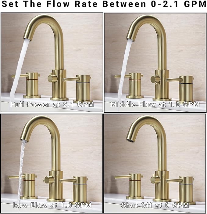 Bathroom Faucet 3 Hole Brushed Gold - Flow-Setting 8 Inch Widespread Bathroom Sink Faucet with 360° Swivel Spout for Small Vanity, with Overflow Pop Up Drain and cUPC Waterlines