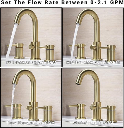 Bathroom Faucet 3 Hole Brushed Gold - Flow-Setting 8 Inch Widespread Bathroom Sink Faucet with 360° Swivel Spout for Small Vanity, with Overflow Pop Up Drain and cUPC Waterlines