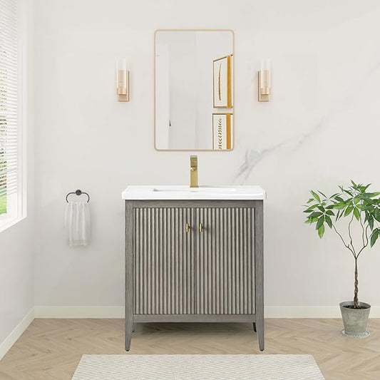 HOMEBEYOND 30" Bathroom Vanity with Ceramic Sink, Solid Wood Free-Standing Vanities Cabinet, Ceramic Top, Golden Brushed Handware & Soft Closing Door, Driftwood Gray