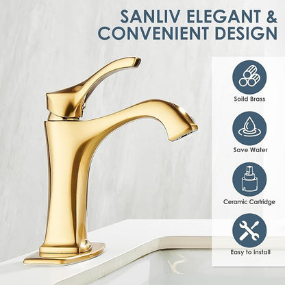 Brushed Gold Single Handle Bathroom Faucet, Deck Mount, 1 or 3 Hole Centerset, Solid Brass Body, Ceramic Disc Cartridge, Easy Installation, 6-Inch Deck Plate
