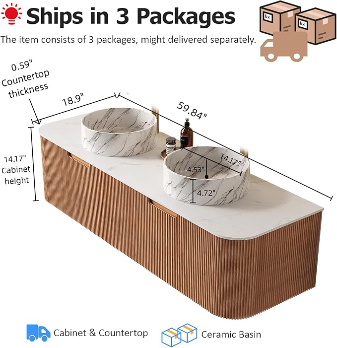 60 inch Bathroom Vanity with Double Sink, Floating Bathroom Vanities with Stone Pattern Round Basin and Countertop, 2 Large Soft-Closing Storage Drawers, Pre-Assembled Cabinet, Nature Wood