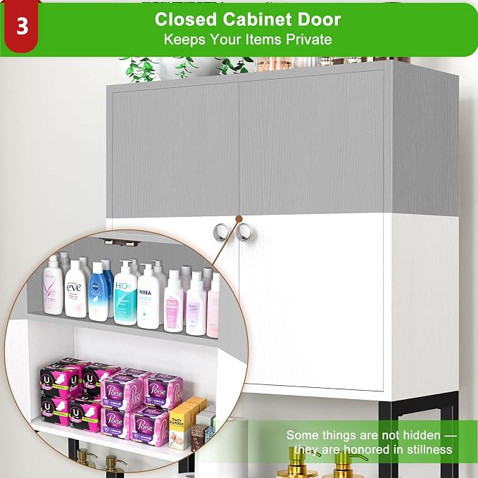 Over-The-Toilet Storage Rack, 4-Tier Bathroom Organizer Shelf Over Toilet with Barn Doors Cabinet and Basket, Freestanding Space Saver Bathroom Shelves with Paper Holder Above Toilet (Gray & White)