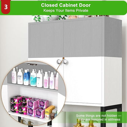 Over-The-Toilet Storage Rack, 4-Tier Bathroom Organizer Shelf Over Toilet with Barn Doors Cabinet and Basket, Freestanding Space Saver Bathroom Shelves with Paper Holder Above Toilet (Gray & White)
