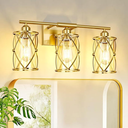 3-Light Brushed Gold Bathroom Light Fixtures, 21 Inch Modern Bathroom Vanity Lighting Fixtures Over Mirror with Clear Glass and Metal Cage Wall Sconce Lights for Bath, E26, CH9176BG-3W