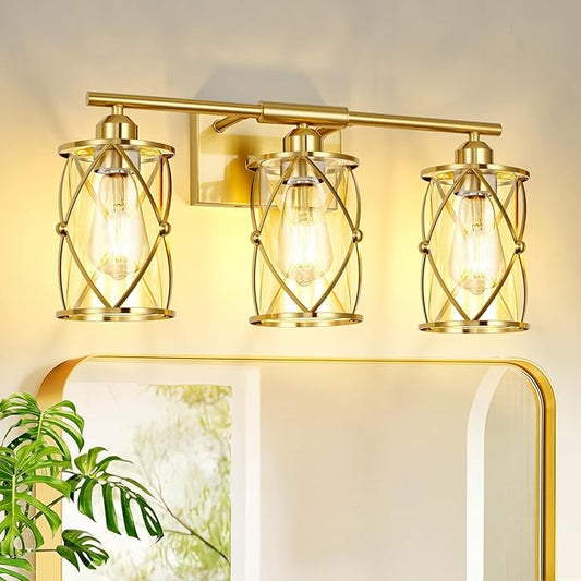 3-Light Brushed Gold Bathroom Light Fixtures, 21 Inch Modern Bathroom Vanity Lighting Fixtures Over Mirror with Clear Glass and Metal Cage Wall Sconce Lights for Bath, E26, CH9176BG-3W
