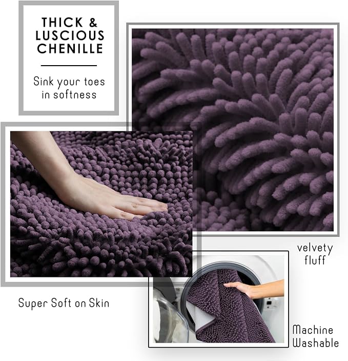 Hearth & Harbor Bathroom Rugs, Chenille Bath Mat - Machine Washable Bath Mats for Bathroom Non-Slip Backing Rubber, Quick Dry Bathroom Mat - Purple 24x36