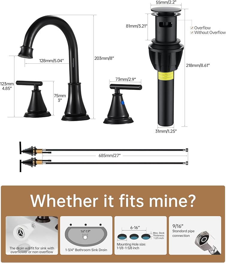 Fransiton Black 8 Inch Widespread Bathroom Sink Faucet 3 Hole, Bathroom Vanity Faucet with Metal Pop-up Drain Assembly, 2 Handle Basin Supply Hoses