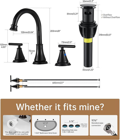 Fransiton Black 8 Inch Widespread Bathroom Sink Faucet 3 Hole, Bathroom Vanity Faucet with Metal Pop-up Drain Assembly, 2 Handle Basin Supply Hoses