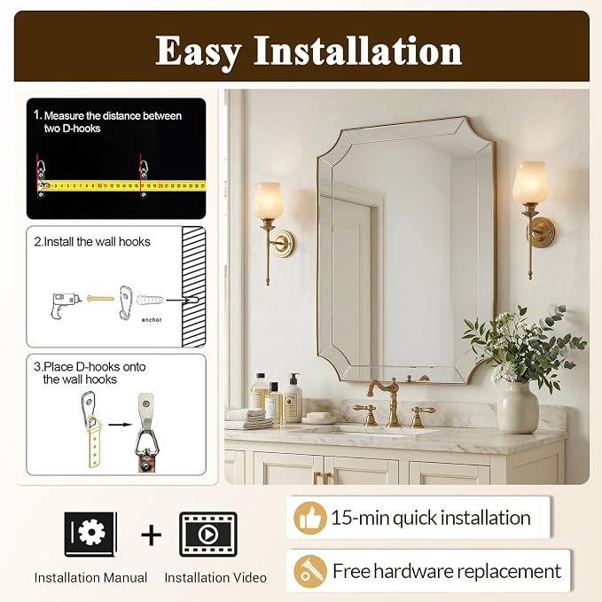 Gold Wall Mirror, 28x36 Scalloped Corner Rectangular Mirror | Ornate Segmented Glass Border, Multi‑Panel Flat Glass Trim, Anti-rust Metal Frame, Ideal for Bathroom Entryway Living Room