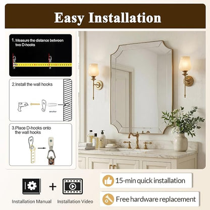 24x32 Inch Gold Mirror, Brushed Gold Bathroom Mirror, Antique Brass Rectangle Mirror, Scalloped Wall Mirror Decorative for Bedroom, Living Room, Entryway, Mid-Century Inspired Style