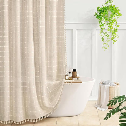 Beige Shower Curtain Linen Texture Farmhouse with Embroidered Plaid Pattern and Boho Tassels for Bathroom,72" W×72" L