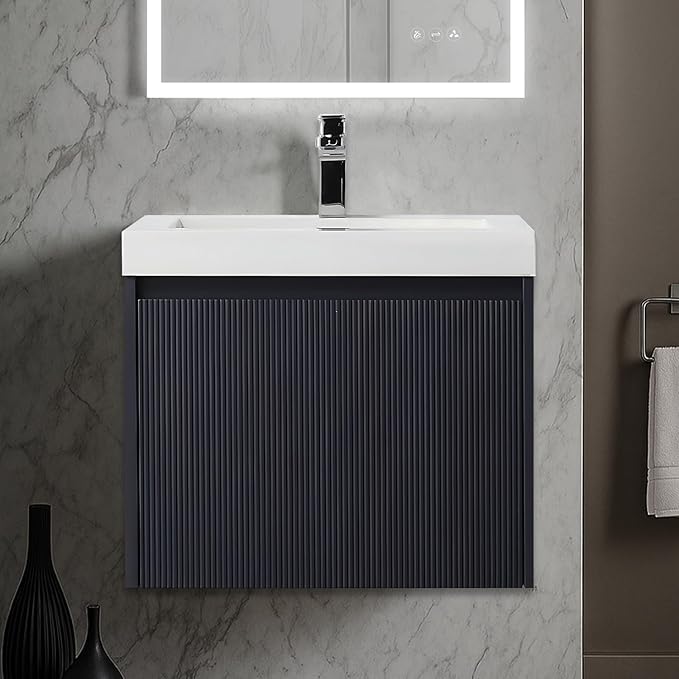 Blossom 24 Inch Bathroom Vanity with Sink | All Wood Wall Mounted Floating Bathroom Vanity Cabinet | Soft-Close Drawer | Modern Minimalist Style Vanities (24" w/Acrylic Sink, Night Blue)