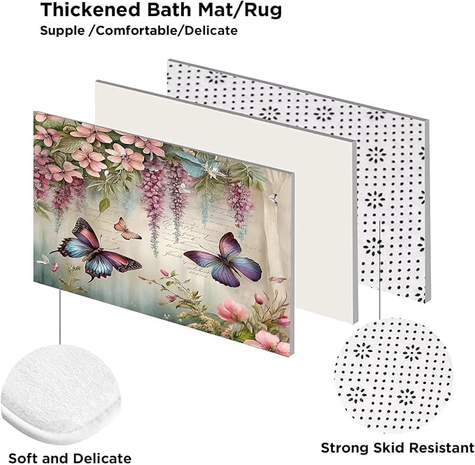 Chrainy 4pcs Spring Butterfly Shower Cutain Set Bathroom Decor with Rugs | Bath Accessories with Waterproof Curtain, Bath Mat, Toilet Lid Cover, U-Shaped Rug and 12 Hooks for Washroom, 71*71in