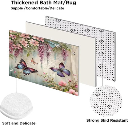 Chrainy 4pcs Spring Butterfly Shower Cutain Set Bathroom Decor with Rugs | Bath Accessories with Waterproof Curtain, Bath Mat, Toilet Lid Cover, U-Shaped Rug and 12 Hooks for Washroom, 71*71in