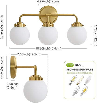Bathroom Light Fixtures, 18.26'' Gold Vanity Light, Modern Brass 3 Lights Wall Sconce with Milky Glass Globe Shade, Small Bathroom Lighting Fixtures Over Mirror for Bathroom Living Room
