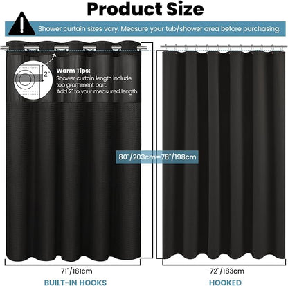 SORTTO No Hook Shower Curtain with Snap in Liner Set Waffle Shower Curtain for Bathroom Hotel Style Fabric Waterproof Inner Liner，71" W x 80" H, Black