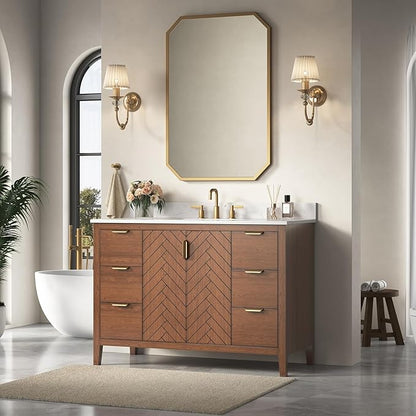 48 Inch Bathroom Vanity with Sink, No Assembly Required Single Sink Bathroom Vanity with Soft Close Doors & Dovetail Drawers, Solid Wood Bathroom Vanities, Engineered Stone Top, Walnut