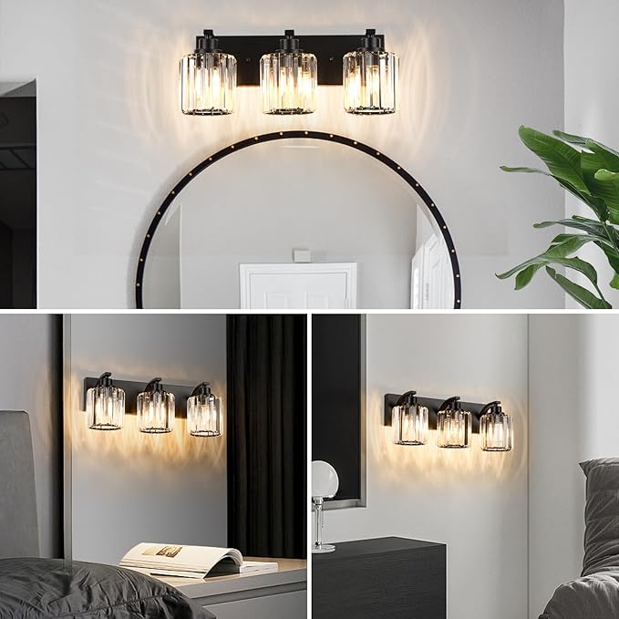 3 Lights Crystal Bathroom Vanity Light Modern Black Bathroom Light Fixture Over Mirror Vanity Lights for Bedroom,Restroom,Hallway E26 Base