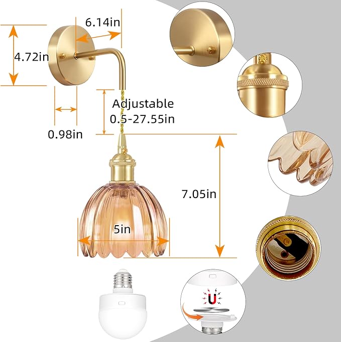 Battery Operated Wall Sconce CCT Dimmable Wireless Sconce, Vintage Light Fixture with Tulip Glass Lampshade Wall Decor for Living Room Bedroom Bedside 1PC Amber