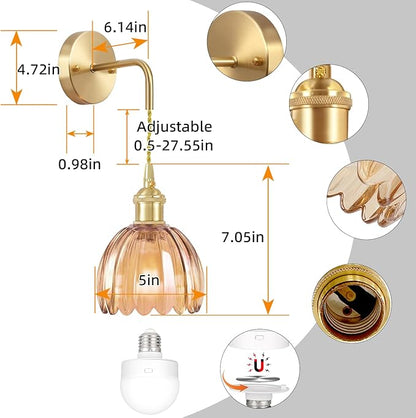 Battery Operated Wall Sconce CCT Dimmable Wireless Sconce, Vintage Light Fixture with Tulip Glass Lampshade Wall Decor for Living Room Bedroom Bedside 1PC Amber