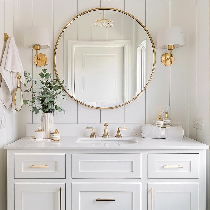 Round Mirror 22 inch, Gold Bathroom Mirror, Brushed Metal Frame | Brushed Metal Frame, High Definition Mirror, Waterproof, Suitable for Bedroom, Bathroom, Entryway, Living Room, Vanity