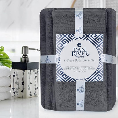 DAN RIVER 8 Piece Luxury Bath Towels for Bathroom, Towel Set, Dark Gray | 2 Bath towels, 2 Hand towels, and 4 Wash Cloths, 600 GSM 100% Ring Spun Cotton, Highly Absorbent, Gym, Hotel, guest, and Spa