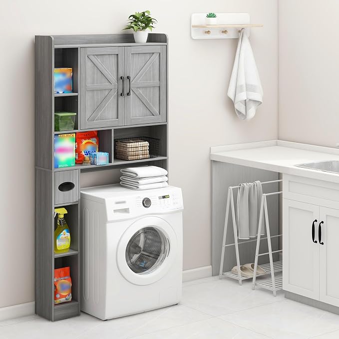 Vabches Over The Toilet Storage Cabinet with 2 Barn Doors, Gray | Farmhouse Storage Cabinet with Toilet Paper Holder Stand，Home Space-Saving Toilet Rack, for Bathroom, Restroom, Laundry