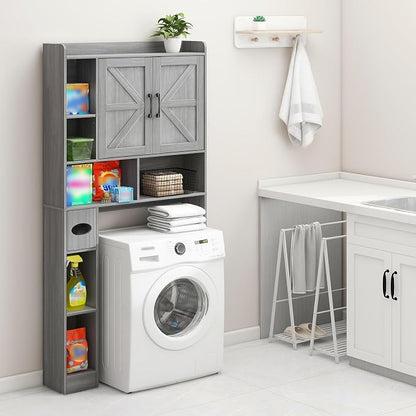 Vabches Over The Toilet Storage Cabinet with 2 Barn Doors, Gray | Farmhouse Storage Cabinet with Toilet Paper Holder Stand，Home Space-Saving Toilet Rack, for Bathroom, Restroom, Laundry
