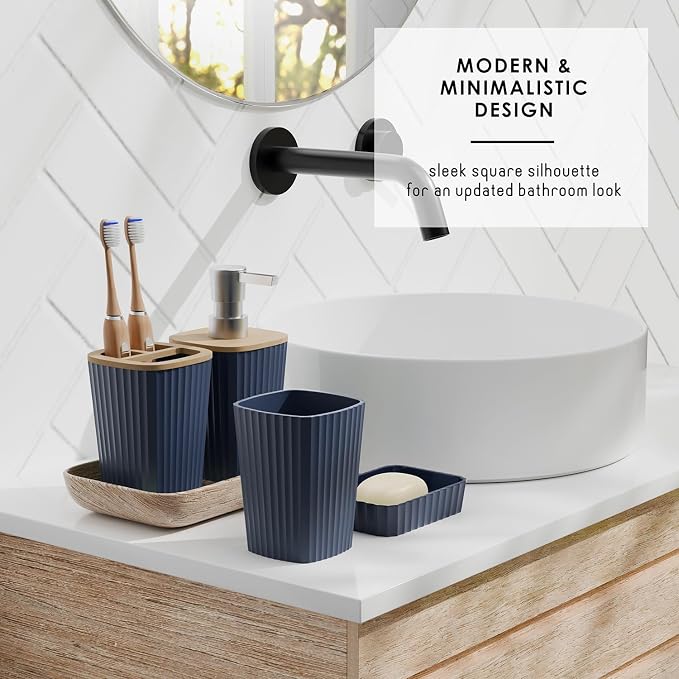Clara Clark Bathroom Set, Shower Curtain Set, Bathroom Accessory Set | 20 Piece Navy Blue Bathroom Accessories Set with Toothbrush Holder, Soap Dispenser, Soap Dish, Toilet Brush, and Trash Can