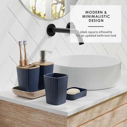 Clara Clark Bathroom Set, Bathroom Sets with Shower Curtain and Rugs | 22 Piece Navy Blue Bathroom Accessories Set with Toothbrush Holder, Soap Dispenser, Soap Dish, Toilet Brush, and Trash Can