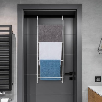 MyGift 4 Tier White Metal Over the Door Towel Rack Bathroom Holder Ladder | Space Saving Over Shower Door Drying Rack for Towels & Blankets, Linens Washcloths Clothing Guest Room Apartment Dorm