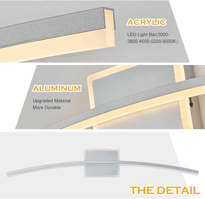 Benkut Modern LED Wall Sconce Silver LED Bathroom Light Fixtures Over Mirror Wall Lighting for Bathroom, Dimmable Long Vanity Light for Bathroom Living Dining Room(5CCT 31.5Inch)
