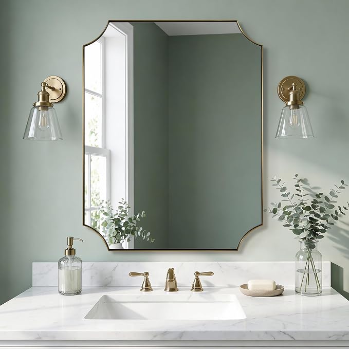 28"x36" Gold Mirror, Brushed Brass Bathroom Vanity Mirror, Scalloped Wall Mirror with Rust-Proof Stainless Steel Metal Thin Frame Deep 1", Hangs Vertically or Horizontally