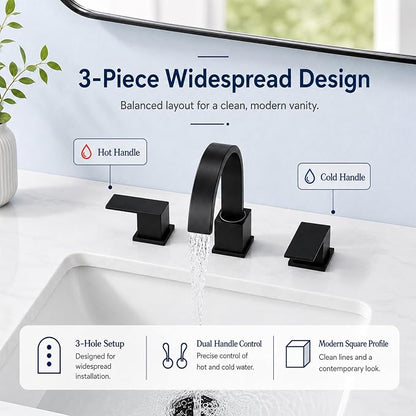 Widespread 8 Inch Matte Black Bathroom Sink Faucet, Waterfall Black Stainless Steel Bathroom Faucet for Sink 3 Hole, Vanity Lavatory Sink Faucets with Drain & Water Hoses