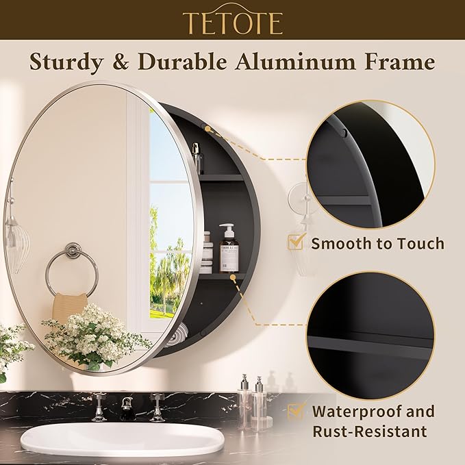 TETOTE Bathroom Mirror Cabinet 30 x 30 Brushed Nickel Round Bathroom Medicine Cabinet with Mirror Adjustable Shelves Farmhouse Wall Mirror with Storage Surface Mounted