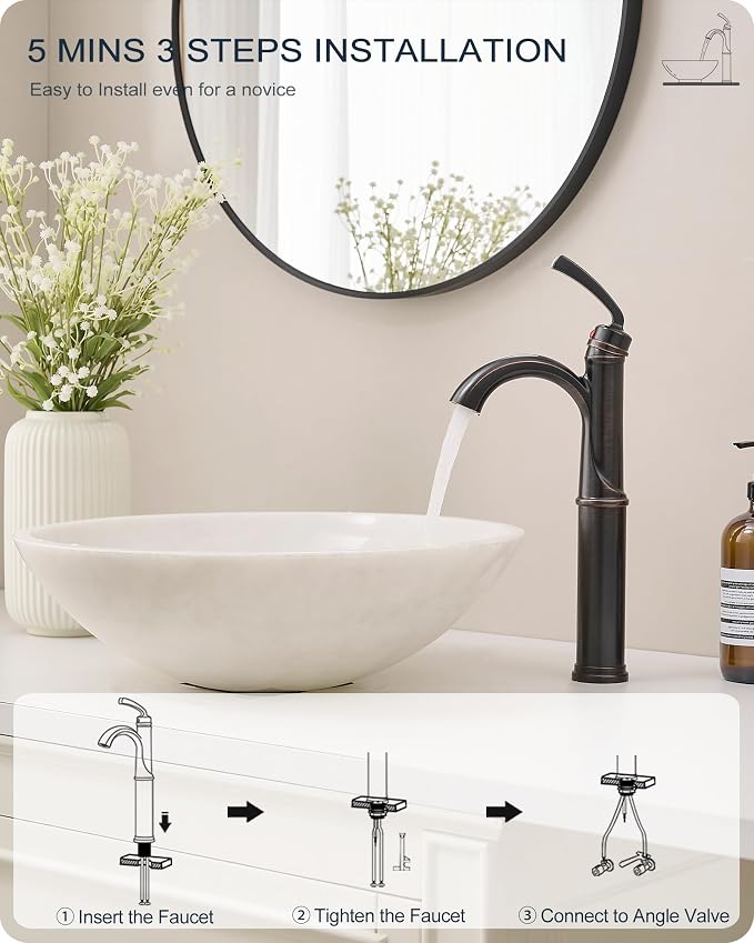 Brass Vessel Sink Faucet Oil Rubbed Bronze, 12.6 Inch Tall Bathroom Faucet 1 Hole, Single Handle with Pop Up Drain, cUPC Supply Line and Aerator for Farmhouse, Countertop Basin, 5 Mins Install