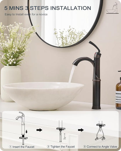 Brass Vessel Sink Faucet Oil Rubbed Bronze, 12.6 Inch Tall Bathroom Faucet 1 Hole, Single Handle with Pop Up Drain, cUPC Supply Line and Aerator for Farmhouse, Countertop Basin, 5 Mins Install