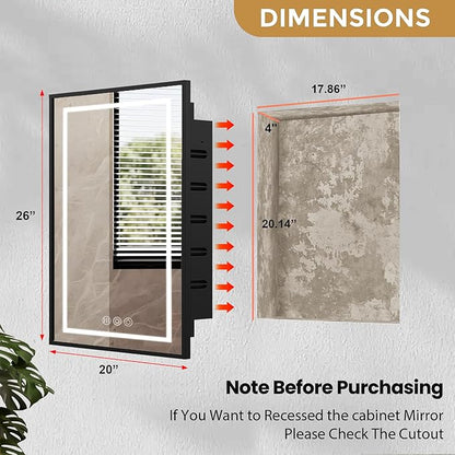 LED Medicine Cabinet Mirror for Bathroom 20x26 Inch, Recessed Medicine Cabinets with Lights, Black Anti-Fog Bathroom Mirror with Storage, Full Metal, Adjustable Shelves, 3 Colors