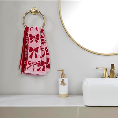 SKL Home Christmas Bow Hand Towel Set-2pc, 100% Cotton Jacquard, Red/Pink | 500 GSM. Soft, absorbent & reversible. For use in the bathroom, kitchen, or bar. Fun for Valentine's décor & holiday gifting.